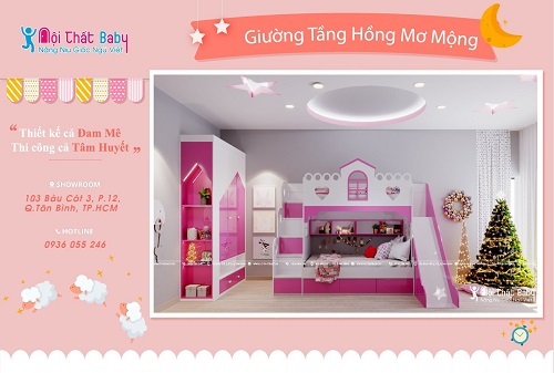 Mẫu giường tầng màu hồng mơ mộng đáng yêu cho bé gái